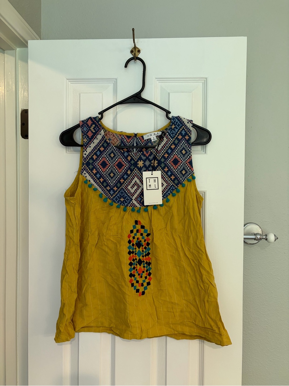 NWT THML Mustard Yellow Embroidered Boho Tank Top Small